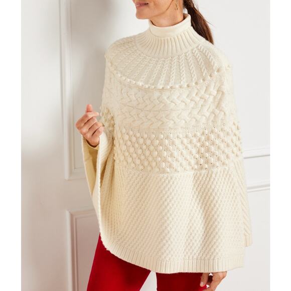 NWT Talbots Poncho Sweater Chunky Mockneck Cable Bobble Knit Ivory Size Small - Picture 2 of 7